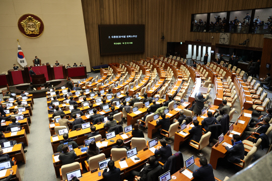 지난 7일 국회 본회의에서 대통령 탄핵소추안에 대한 더불어민주당 박찬대 원내대표의 제안 설명 때 국민의힘 의원들이 퇴장해 의석이 비어 있는 가운데 국민의힘 안철수 의원이 홀로 자리를 지키고 있다. [연합뉴스]